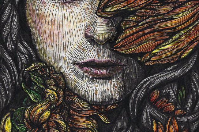 Zeichnung eines Portraits in Tusche und Farbstiften. Detailreiches Portrait einer Frau mit Sonnenblumen. Die Darstellung hat eine starke grafische Wirkung und kombiniert feine Linienarbeit mit kräftigen Farben