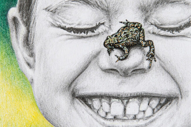 Das Bild zeigt ein kindliches Gesicht, das fast den gesamten Bildausschnitt einnimmt. Das Gesicht ist in einer schwarz-weißen Bleistiftzeichnung auf dem Hintergrund mit einem Farbverlauf dargestellt, während ein kleiner farbenfroher Frosch auf der Nase des Kindes sitzt.
