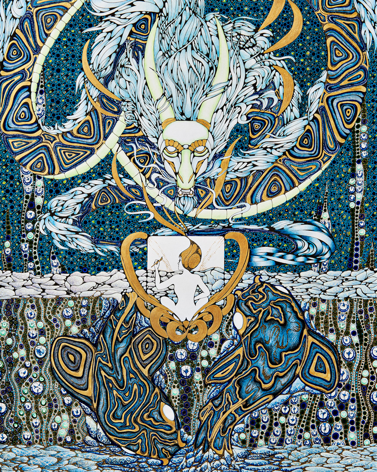 handgezeichnet-illustration-drache-fische-frau-spirituell-leinwand_acryl-gold-tusche_spirituell-energie_4-5