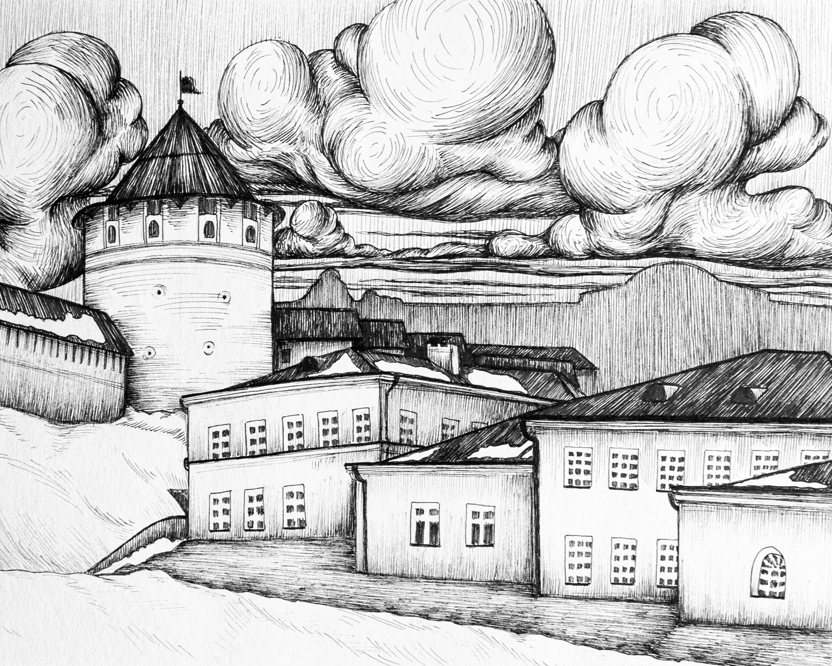 1_handgezeichnete-architektur-stadt-winter-wolken-tusche-schwarz-weiss_detailreich_3